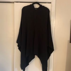 One size, Black, hooded cape from Amanda Smith. Cable-knit down the middle.